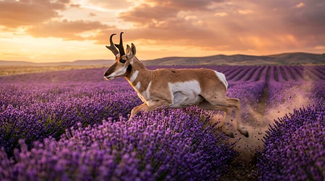 Swift pronghorn antelope sprinting powerfully through vibrant purple lavender fields under a golden hour sky, dynamic motion blur on legs.