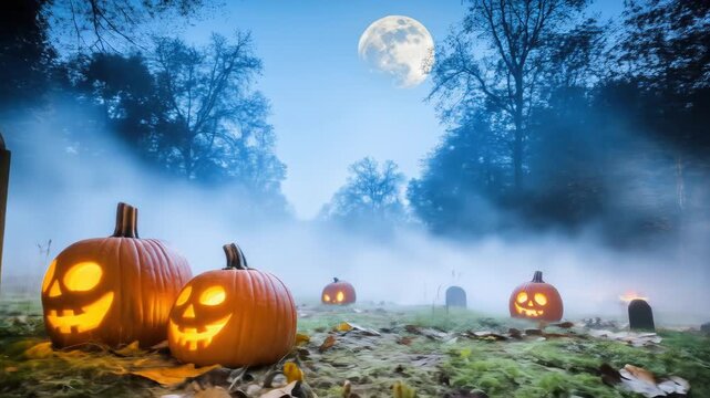 Spooky halloween night with pumpkins and moonlit graveyard ambiance