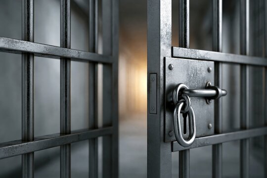 An open prison cell door with heavy metal bars and a secure lock, suggesting escape or freedom.