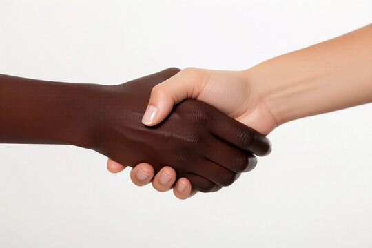 Two hands grip firmly, one darker, one lighter. They meet in a gesture of trust and unity.