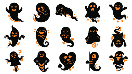Obraz premium Cute Halloween ghost silhouettes set, black and orange spooky cartoon spirits vector, collection of 15 funny ghost characters for holiday design