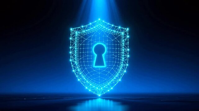 Blue glowing digital shield with lock pattern