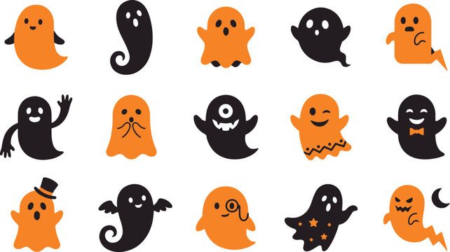 Cute Halloween ghost vector icons set, spooky orange and black cartoon ghosts collection, funny phantom characters for autumn holiday design
