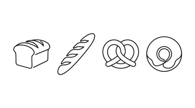 Minimalist bakery line icons set, continuous line drawing of bread loaf, baguette, pretzel and donut, simple black outline food vector illustrations