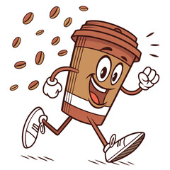 Happy running coffee cup character vector illustration featuring cartoon disposable paper mug with cute face arms and legs sprinting alongside floating brown beans.