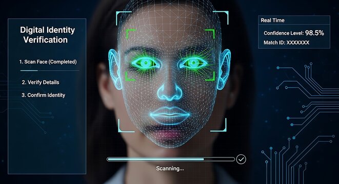 Digital identity verification system scans and analyzes facial features with green eye tracking and security metrics overlay.