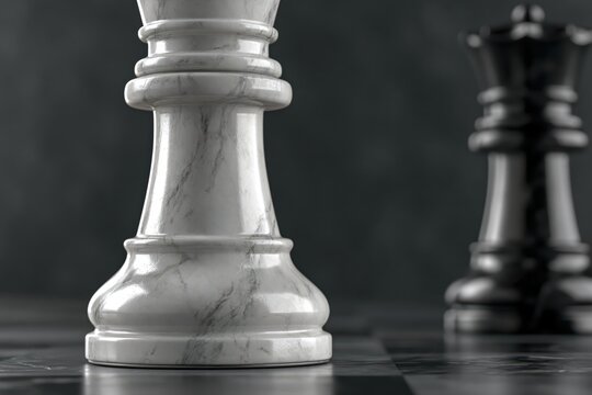 Close-up macro shot of a white marble queen chess piece with a blurred black queen in the background.