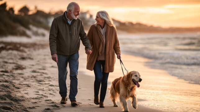 Senior Couple Walking Golden Retriever on Beach Banner
