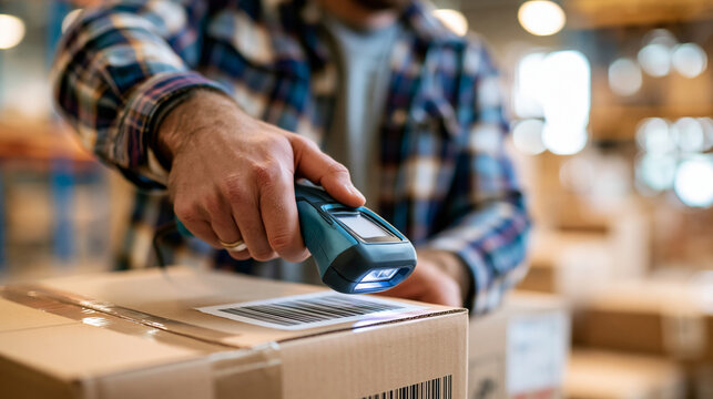 Close up of a hand scanning a barcode on a cardboard box with a handheld scanner in a bright warehouse for inventory management faceless cropped composition barcode scanning