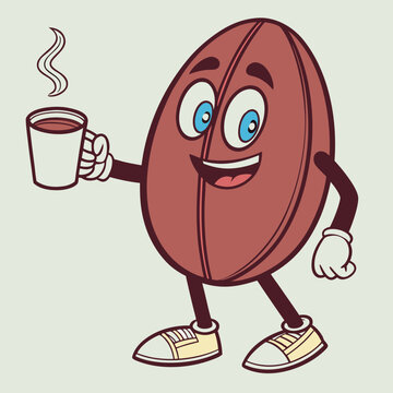 Cute cartoon coffee bean character wearing casual sneakers holding steaming coffee cup isolated on light beige background vector illustration for menu design art.