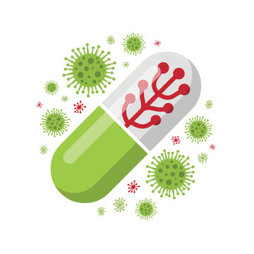 Medical capsule pill with internal circuit board pattern surrounded by virus cells medicine technology pharmaceutical bacterium pathogen infection