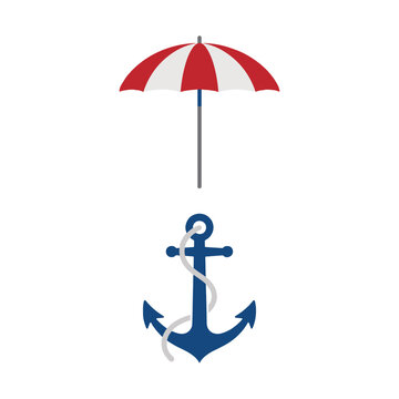 Nautical concept with red and white beach umbrella above blue ship anchor nautical umbrella maritime vacation navigation equipment