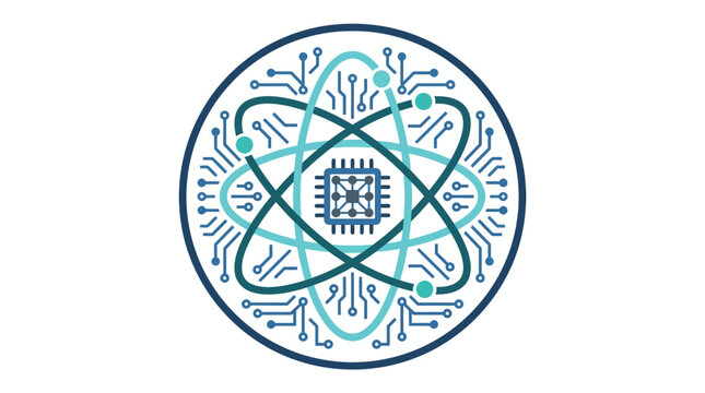 Abstract quantum computing and artificial intelligence concept icon.