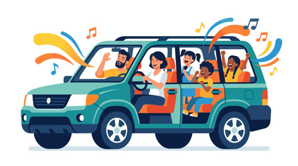 Naklejka premium Happy diverse family of five singing and enjoying a road trip inside a green SUV on summer vacation flat design vector illustration.