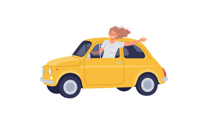 Fototapeta premium Happy young woman leaning out of yellow car window and waving during road trip summer vacation flat vector illustration.