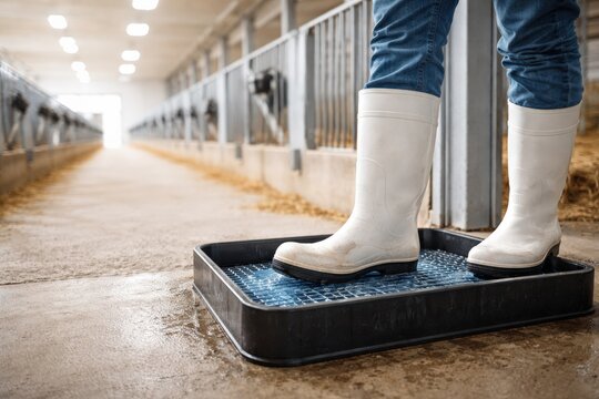 A farm worker's boots are disinfected in a foot bath before entering a modern livestock barn. This emphasizes essential biosecurity and hygiene for sustainable agricultural operations.