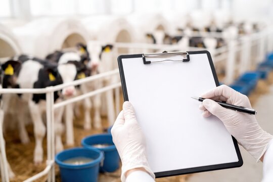 A veterinarian's gloved hand records observations on a clipboard, with young calves in the background. It's ideal for animal welfare, farm management, and sustainable agriculture content.
