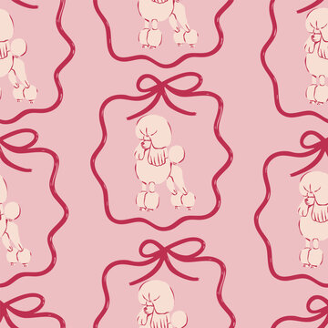 Poodle dog in ribbon frame. Pink background. Hand drawn trendy Vector illustration. Square seamless Pattern, wallpaper. Repeating cute domestic animal portraits 