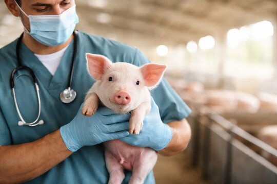 A veterinarian in a mask and gloves holds a healthy piglet for a thorough health check on a farm. This visual is perfect for agricultural, veterinary, or animal welfare campaigns.