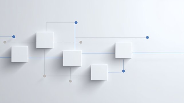 Abstract 3D composition with white square blocks and connecting blue lines for network communication structural design and data concepts.