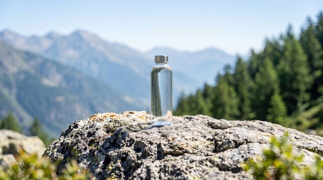 A clear reusable water bottle stands on a rugged mountain rock. Ideal for promoting sustainable hydration, outdoor adventures, and eco-friendly lifestyle brands.