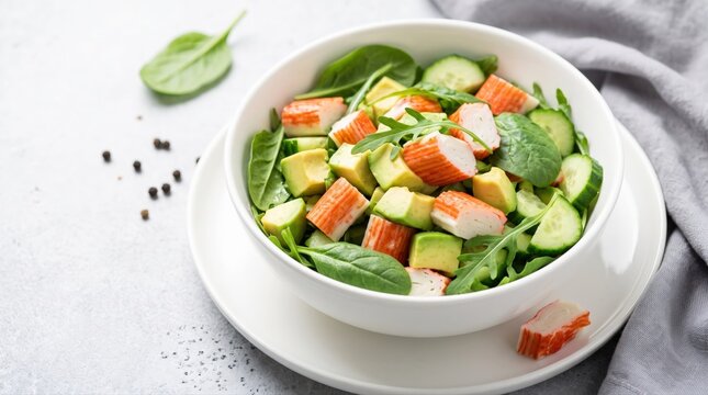A vibrant salad with imitation crab, avocado, cucumber, and fresh greens in a white bowl. This healthy, appealing dish suits clean eating and wellness lifestyle content.