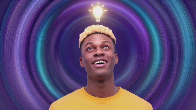 African American man having creative idea with glowing light bulb above head. Concentrated male looking up against purple swirling background. Lockdown medium shot.