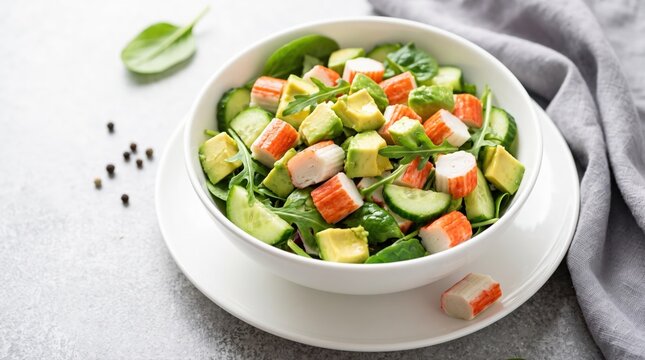 A vibrant bowl of imitation crab, avocado, and cucumber salad. This fresh, healthy meal is perfect for light lunch, dietary blogs, or upscale restaurant menus.