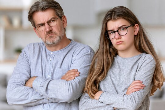 Father and teenage daughter with arms crossed and unhappy expressions, showing disagreement or conflict.