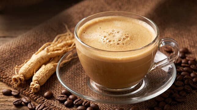A frothy ginseng coffee in a clear glass cup is displayed with dried roots and roasted coffee beans. This healthy, trending beverage appeals to wellness and natural lifestyle.