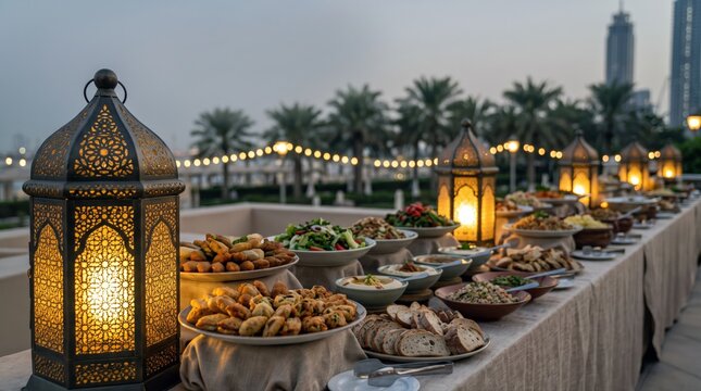 An elegant outdoor buffet featuring Middle Eastern and Arabian dishes, lit by ornate lanterns. Excellent for Ramadan, cultural celebrations, or luxury event promotions.
