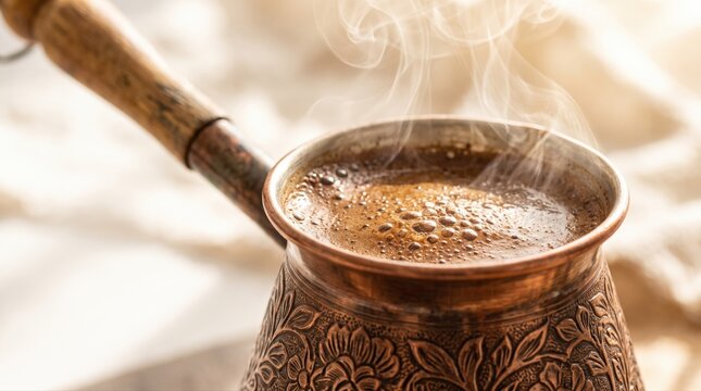Steaming Turkish coffee with rich foam fills a beautifully ornate copper cezve. Ideal for cafe menus, global beverage advertising, and cultural lifestyle projects.