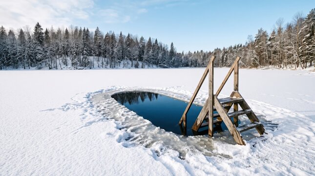 A serene ice hole with rustic wooden stairs leads into a frozen lake amidst a snowy winter forest. This scene perfectly depicts cold plunge, wellness, or extreme winter lifestyle content.