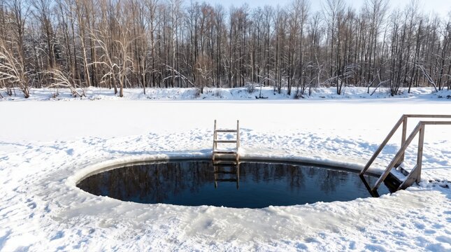 A fresh ice hole with ladders prepared for winter swimming in a frozen lake. Ideal for exploring wellness, cold therapy, extreme sports, and invigorating lifestyle trends.