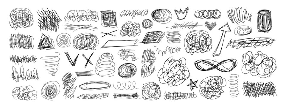 Pen doodles and scribbles form chaotic handwritten textures vector illustration set. Messy sketch lines, pencil marks, and tangled circles create abstract notebook patterns with organic pen strokes.