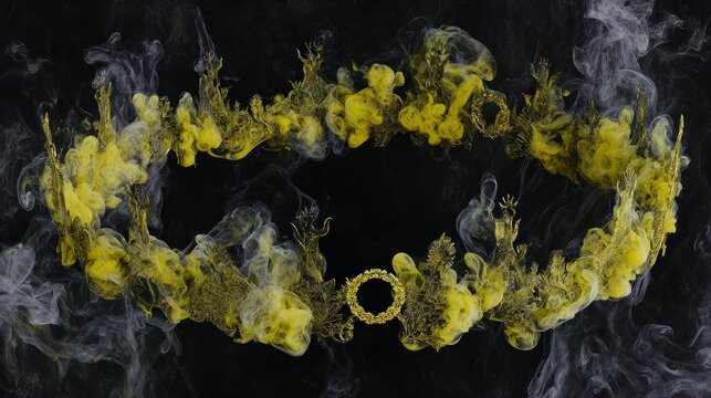 Crescent moon and stars forming abstract crown pattern in golden smoke