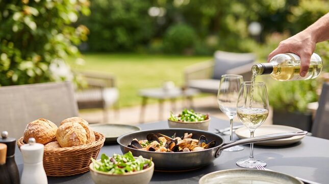 A hand pours crisp white wine during a delightful al fresco seafood dinner. This vibrant scene perfectly captures summer lifestyle for culinary marketing and blogs.