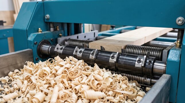 An industrial wood planer machine processes timber, creating a pile of fresh wood shavings. This image is perfect for illustrating carpentry, craftsmanship, or sustainable wood production.