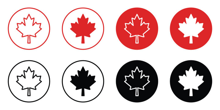 Canada maple leaf icon set featuring red, white, and black variations of the canadian flag symbol. National maple leaf emblem collection for patriotic, government, travel, identity, branding, and vect