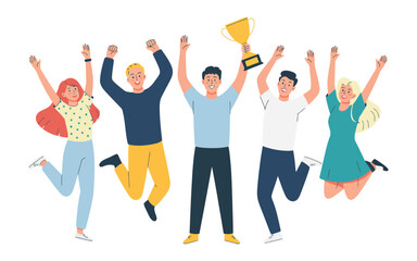 Obraz premium Happy Winners Celebrating Success with Trophy Award, Joyful People, Team Achievement and Victory Vector Illustration