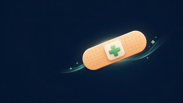 Three dimensional adhesive plaster bandage with green medical cross and light glowing trail. Ideal graphic element for first aid kits, wound healing, health insurance, and pharmacy topics.