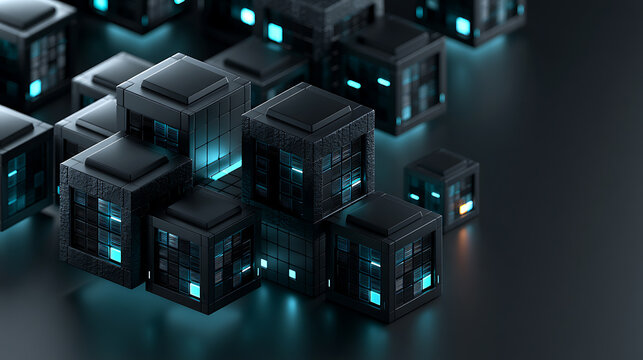 3D isometric floating server cubes with glowing cyan LED lights blockchain concept