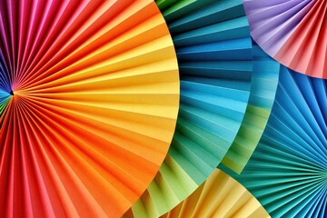 Fototapeta premium Vibrant rainbow fan folds made of paper create a colorful abstract background with a radial pattern.