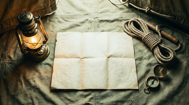 Old lantern and rope on a weathered wooden surface with a map . Ai Generated