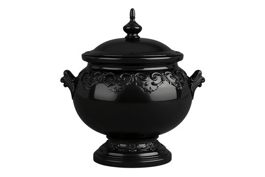 Black ornate urn with glossy finish and lid, classic antique design, decorative vessel on transparent background