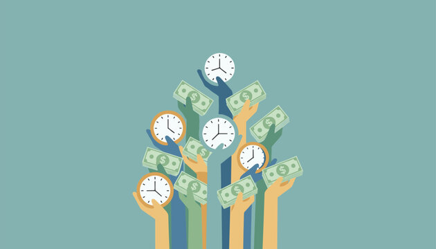 Dynamic illustration of multiple colorful hands reaching upward holding clocks and stacks of dollar bills.