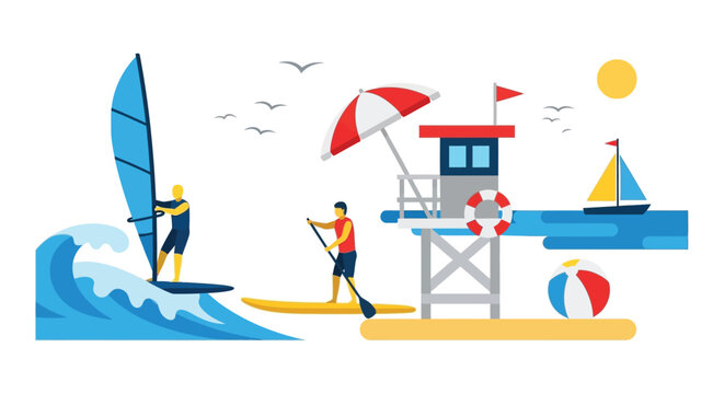Colorful beach scene featuring watersports a lifeguard tower and a sunny seascape