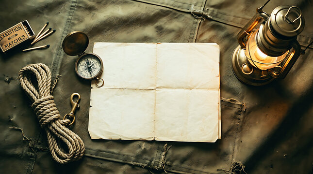 Vintage compass, fishing gear, and matchbox on an old map with rope . Ai Generated