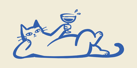 Obraz premium Cat with Wine Glass Naive Hand Drawn Vector Illustration