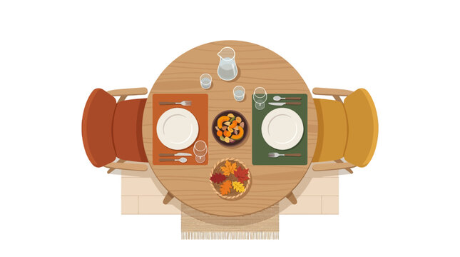 Top down view of autumn dinner setting for two on round wooden table with cozy fall decor flat vector illustration
